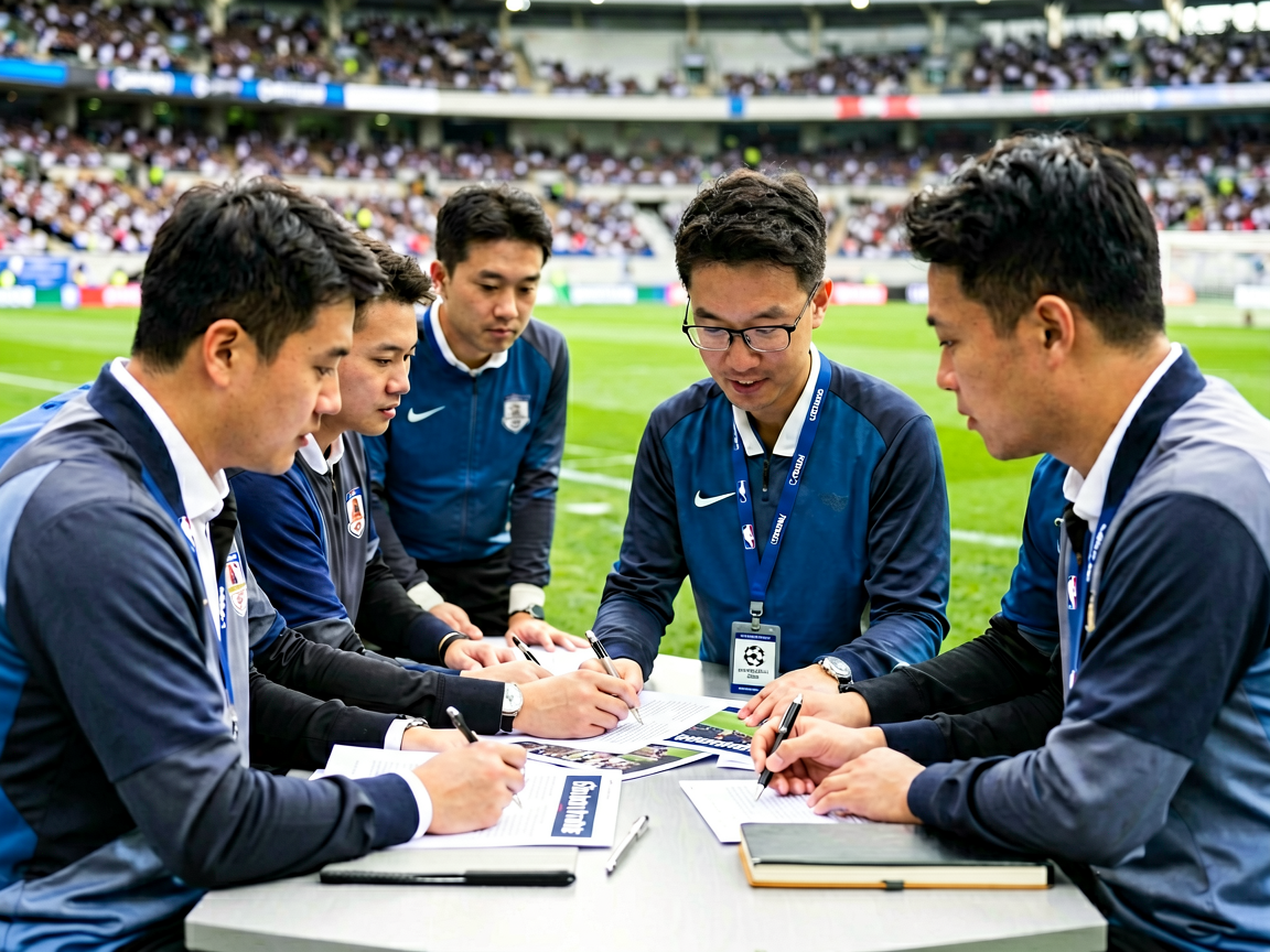 体育资讯编辑团队在赛场边进行赛事报道和战报撰写